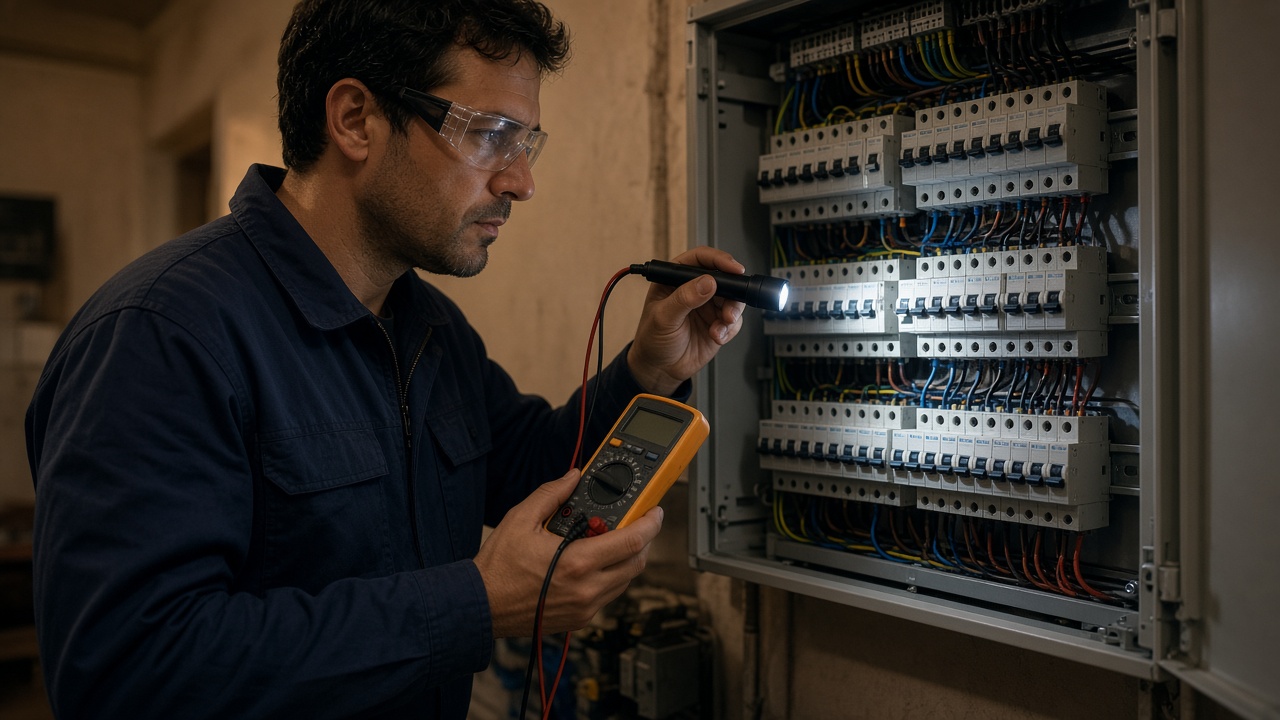 Electricista trabajando en un cuadro de vivienda
